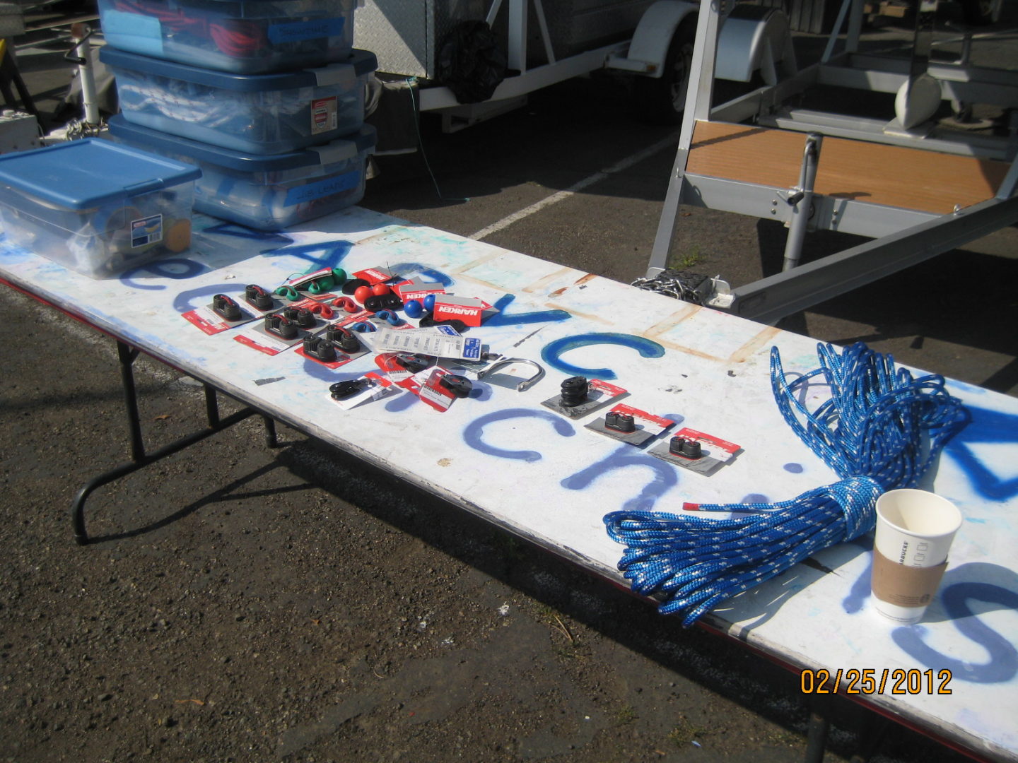 A table with some blue and white decorations on it