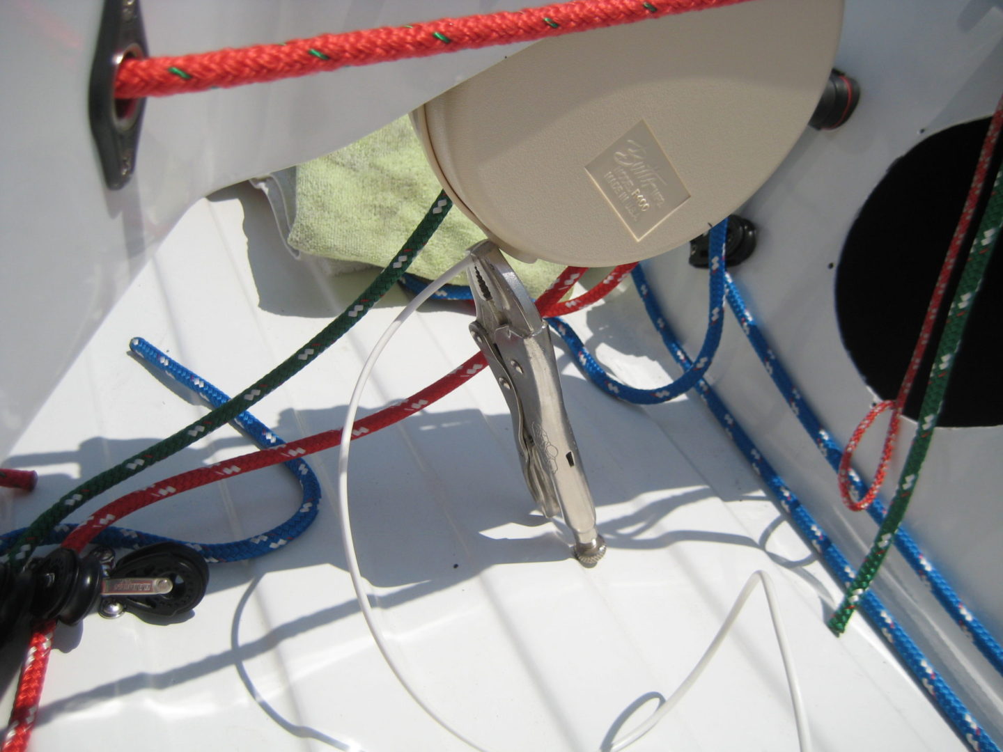 A close up of the antenna on a boat