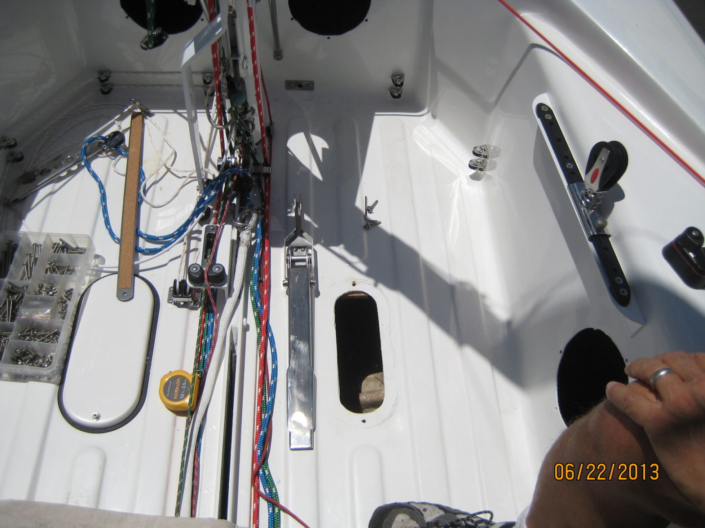 A view of the inside of a boat from above.