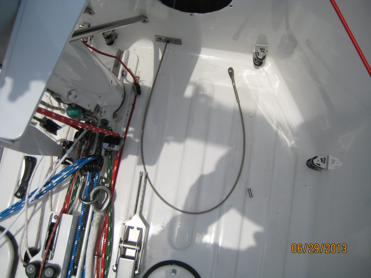 A view of the inside of a boat with tools on it.