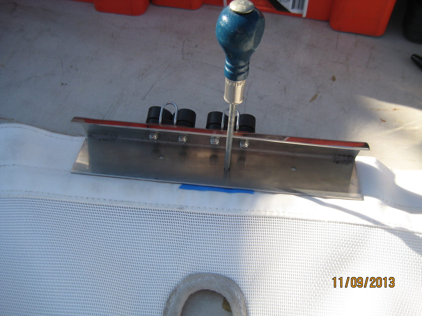 A close up of the drill bit on a boat