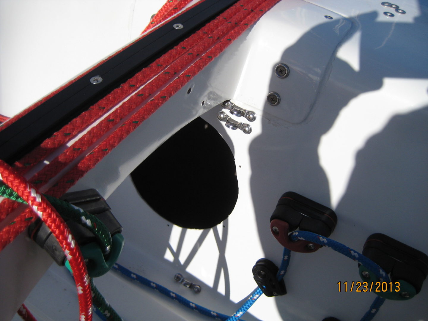 A view of the inside of a boat from below.