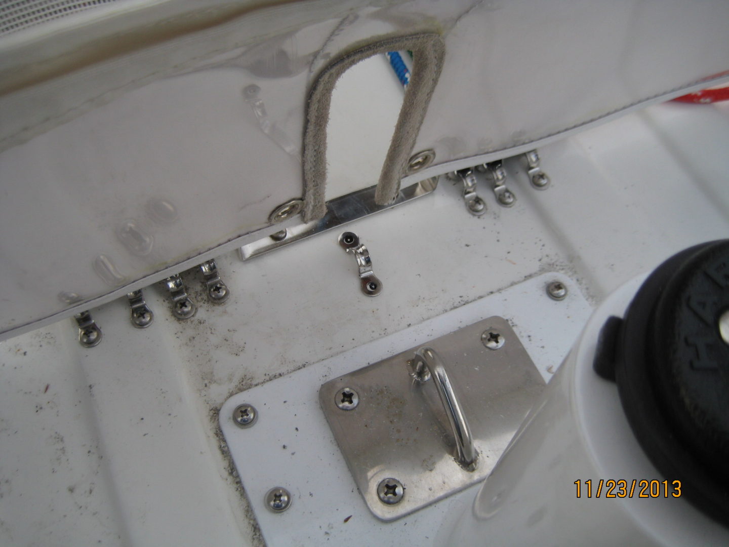 A close up of the metal parts on a boat.