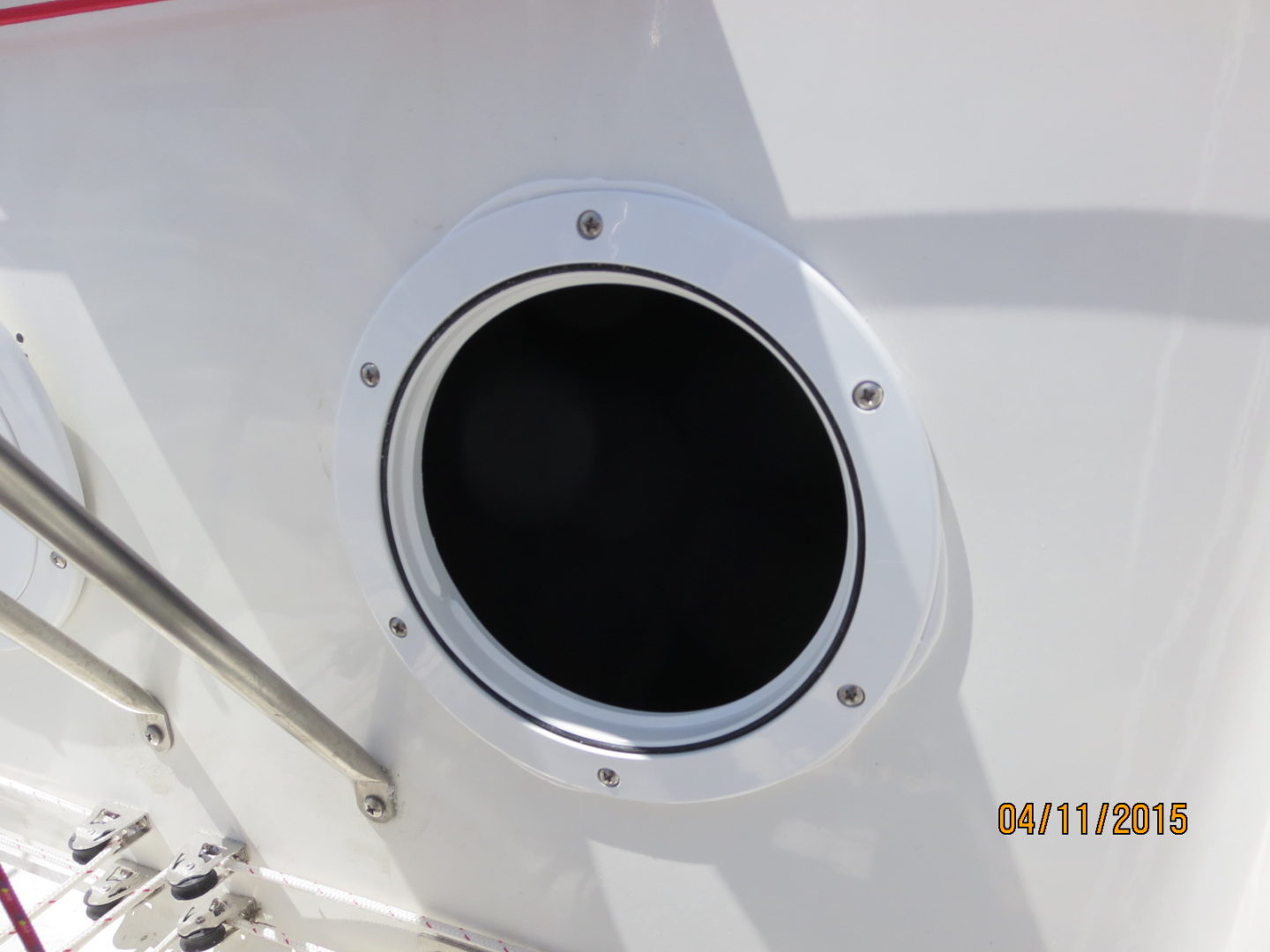 A close up of the port hole on a boat