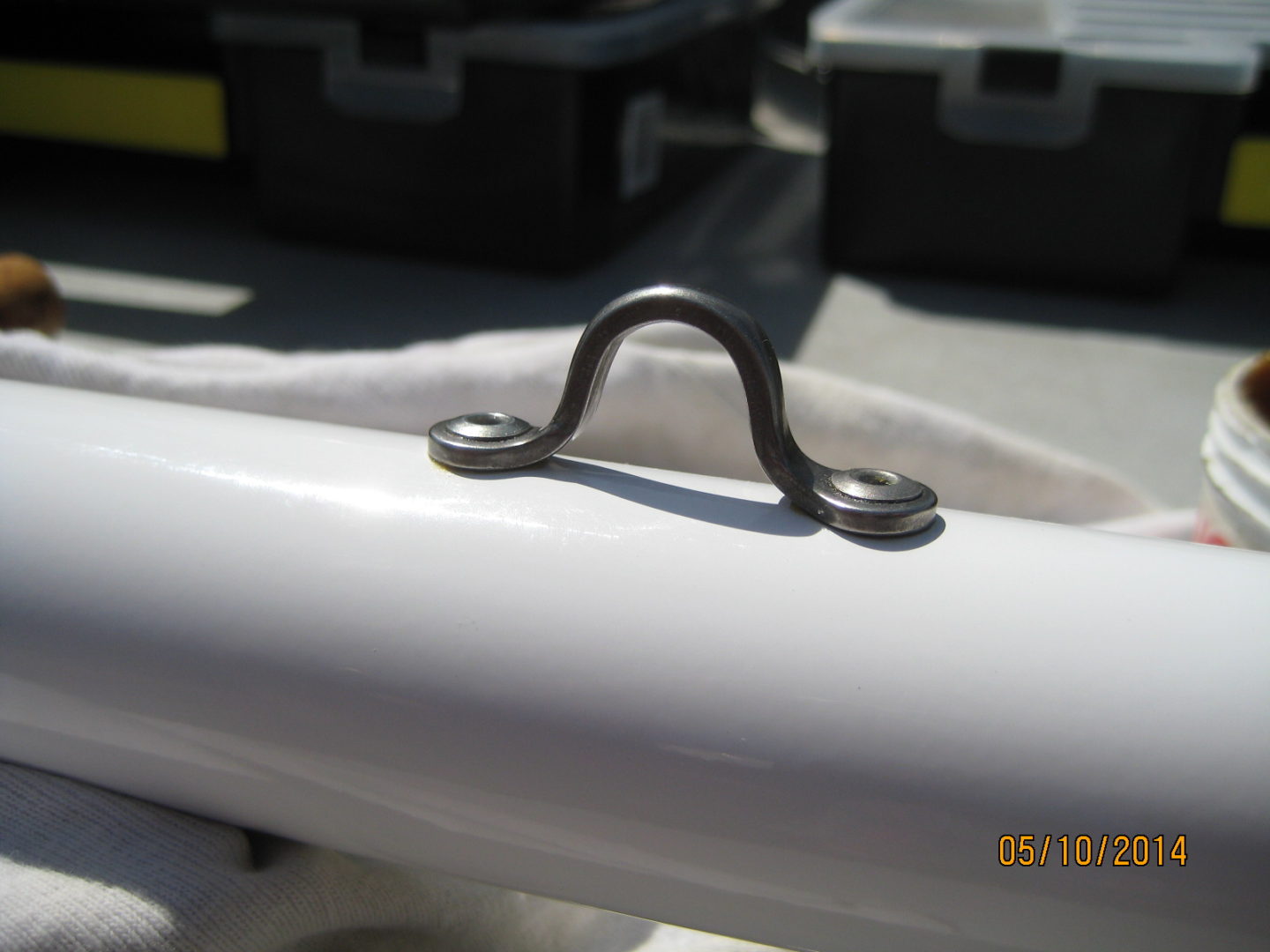 A close up of the handle on a boat.