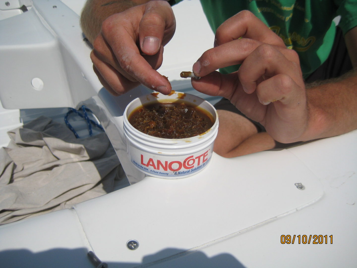 A person is putting chili into a container.